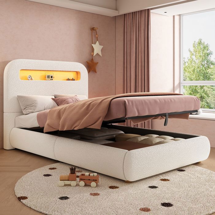 Lit coffre - Becag - Lit simple rembourré 90x200cm avec LED - Lit enfant avec rangement hydraulique Blanc Bouclé