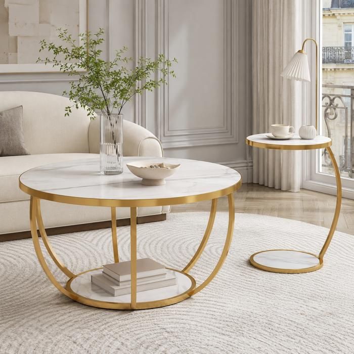 Tables Gigognes Rondes en Lot de 2- AKABER -Surface en Marbré-Pieds en Métal-80x45x44cm+40x55x33cm-Pour le SalonBalconBureau-Blanc