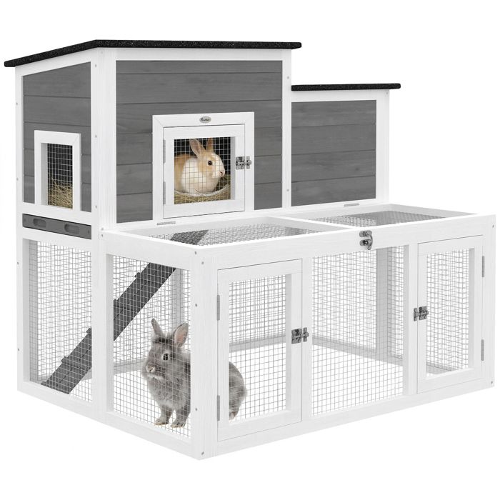 Meilleurs prix pour Clapier lapin extérieur - cage à lapin intérieur - PawHut - double toit ouvrant imperméable 2 niveaux avec enclos - bois - gris