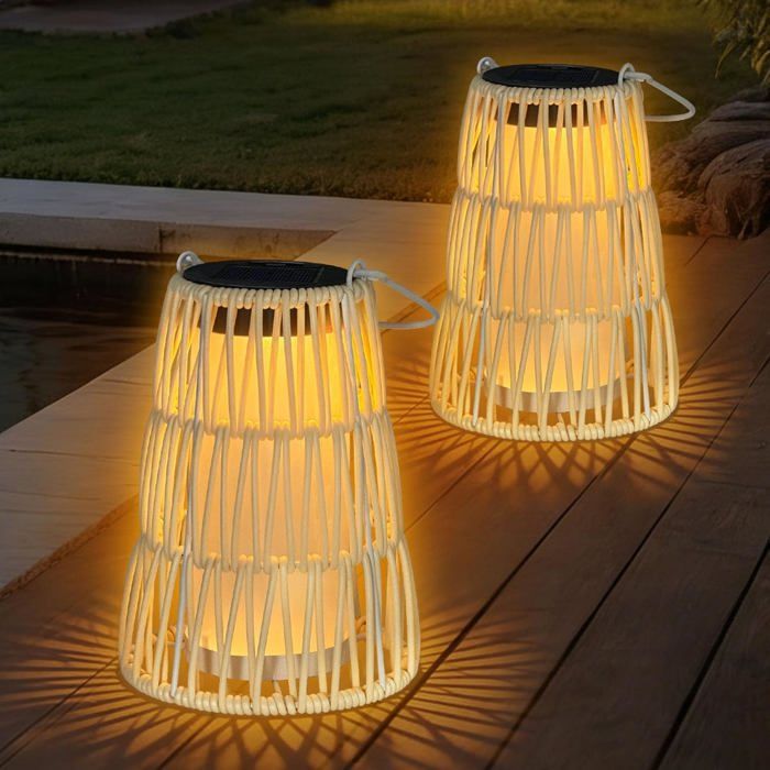 Lot de 2 Lampes Solaires Extérieur IP65 Étanches - Tissage Artisanal en Rotin - Pour Terrasse Balcon ou Jardin