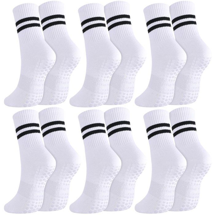Lot De 6 Paires Chaussettes Antidérapantes Femme Pour Yoga Pilates Danse Semelle Grip Polyester Blanc