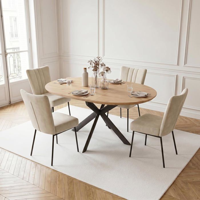 JIEXI Table de salle à manger ronde extensible et 4 chaises plateau en MDF de 110 à 150 cm chaises rembourrées en beige