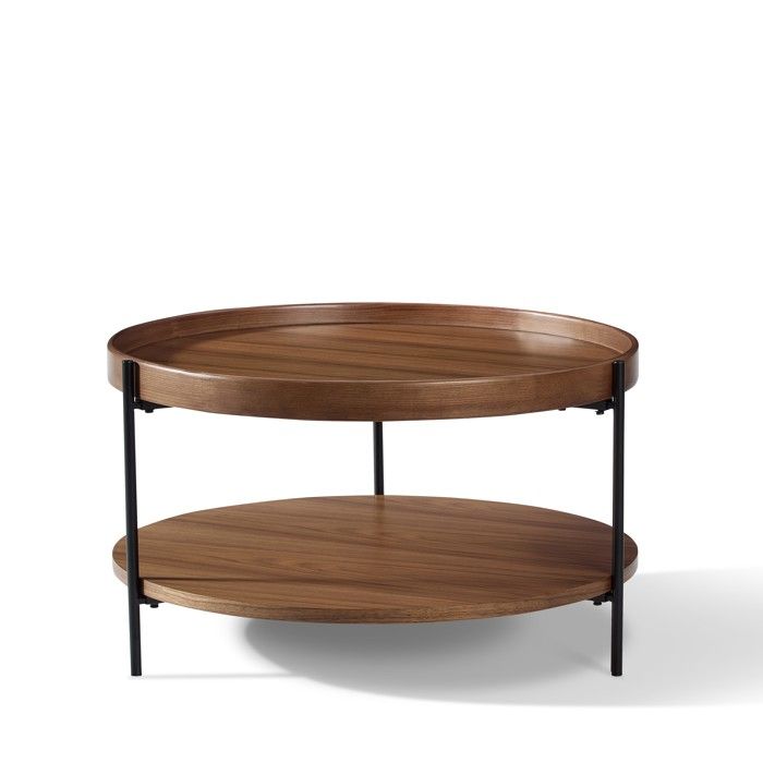 Table basse ronde - Design à 2 niveaux - Bois massif et métal - Dimensions 69x69x38 cm - Couleur Noyer