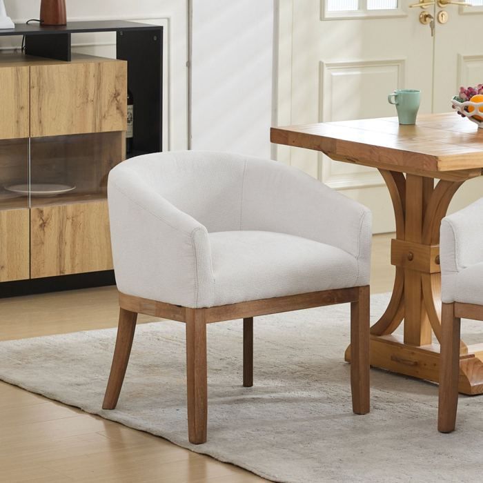 Fauteuil de salle à manger avec accoudoirs en chenille beige 58 5 x 63 x 71 cm bois massif d’hévéa
