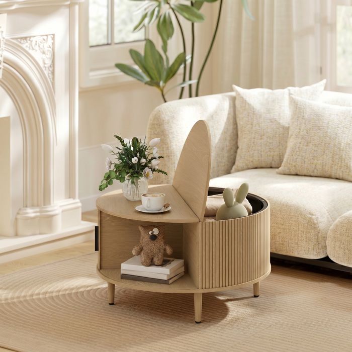 Table Basse Ronde 80 cm avec Plateau Relevable et Rangement Caché Porte Coulissante à Rainures Bois Naturel