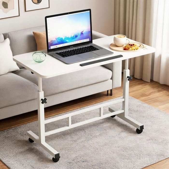 Bureau Réglable avec Roulettes – 80x40 cm – Blanc– Table de Lit Portable  – Montage Facile – Bureau Chambre Canapé