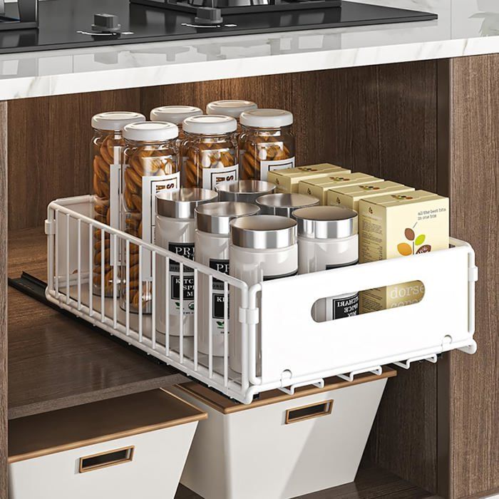 Rangeur tiroir cuisine coulissant 1 pièce - blanc acier carbone 38 x 25 x 10 cm placard et sous évier silencieux