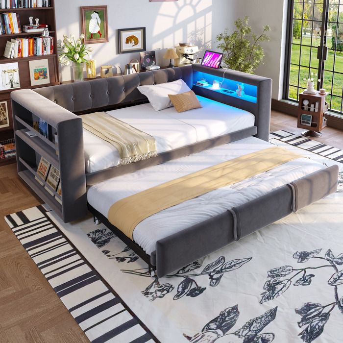 Canapé-lit multifonction 90/180×190 cm avec LED prises et rangements latéraux - BEAUNIV - sans matelas gris foncé
