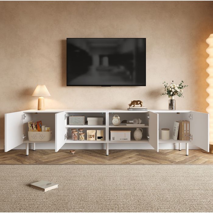 Meuble TV 4 portes AESVAR 170 x 35 x 50 cm avec push-to-open passe-cables PB MDF blanc