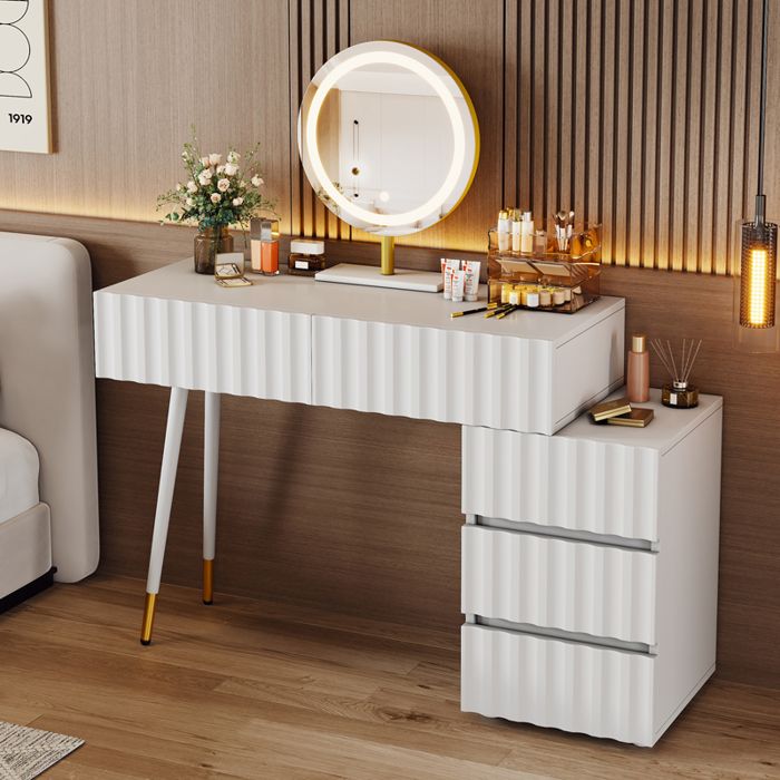 Coiffeuse 100x40x127 cm avec miroir LED 3 couleurs 5 tiroirs caisson latéral modulable pieds métal blanc sans tabouret