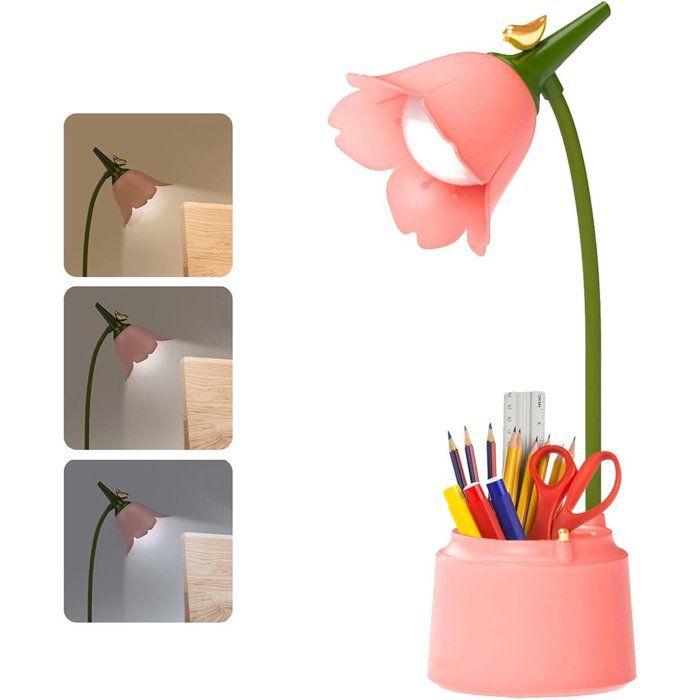 Lampe de Bureau LED Tactile Rechargeable USB - Intensité Variable et Col Flexible - 3 Températures de Couleur - Fleurs Roses