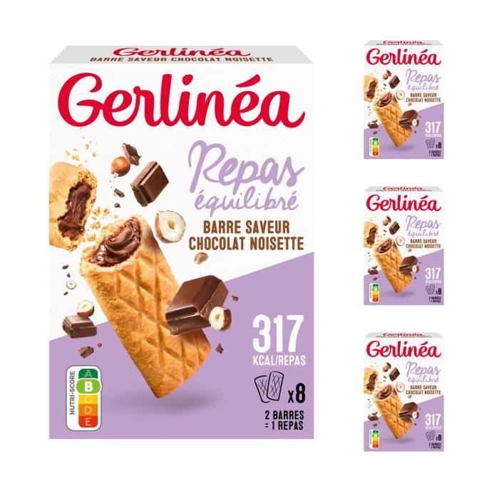 Gerlinéa - Lot de 4 boîtes Barres Fourrées Chocolat Noisette - Repas équilibré et rapide - Riche en Protéines