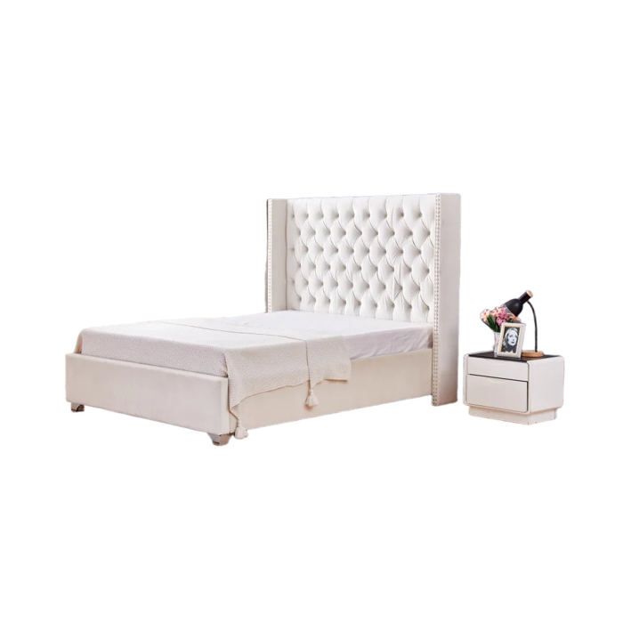 Lit Double 180x200 Cm En Velours Beige - Tête De Lit Capitonnée, 2 Tiroirs, LED Et Ports USB - Moderne