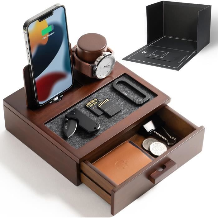 Station De Charge En Bois Organisateur - Pour Téléphone, Montre, écouteurs, Avec Protection Surchauffe, 16.8x12.7x6.2 Cm