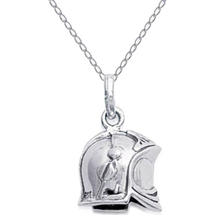 Lot pendentif Casque de Pompier 3D en Argent 925 + Chaîne 50 cm en Argent 925