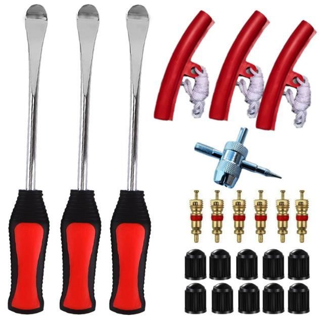 Kit Démonte Pneu Moto Jeukwud - 3 Leviers + Protecteurs Jante - 27 Pièces - Rouge