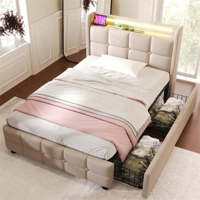 lit capitonné avec 2 tiroirs, sommier à lattes en bois, tête de lit led avec fonction de recharge usb pour adolescent 90x200cm beige