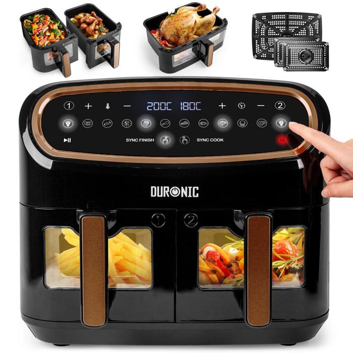 Duronic AF34 BG Set Friteuse à Air avec 1 grand tiroir de 10L et 2 petits tiroirs de 5L inclus 10 Programmes de Cuisson Préréglés