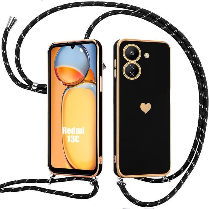 Coque Xiaomi Redmi 13 4G Avec Cordon - Motif Cœur, Support Magnétique, Noir