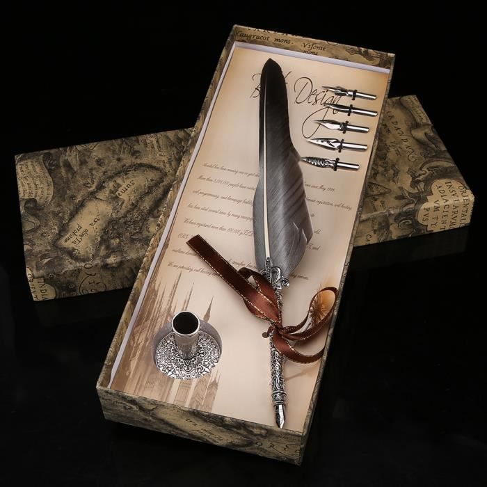Vikye Stylo Dip à Plume, Plume de Paon à Écrire avec Encre Écriture Stylo de Calligraphie Rétro Plume d'Encre Trempé à la Main avec 5 Points pour Cadeau ou Usage