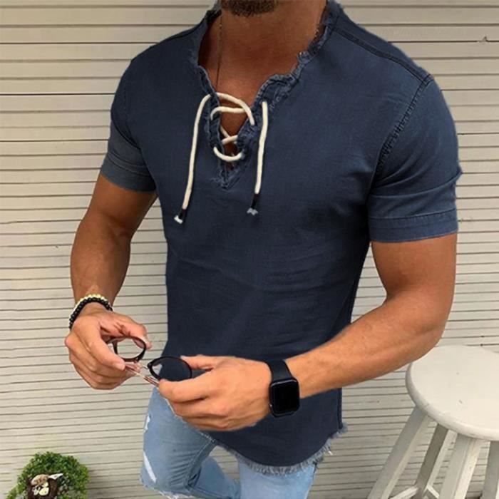 Hauts pour hommes T-shirt imprimé vintage Décontracté à manches courtes en jean Tops Bleu foncé