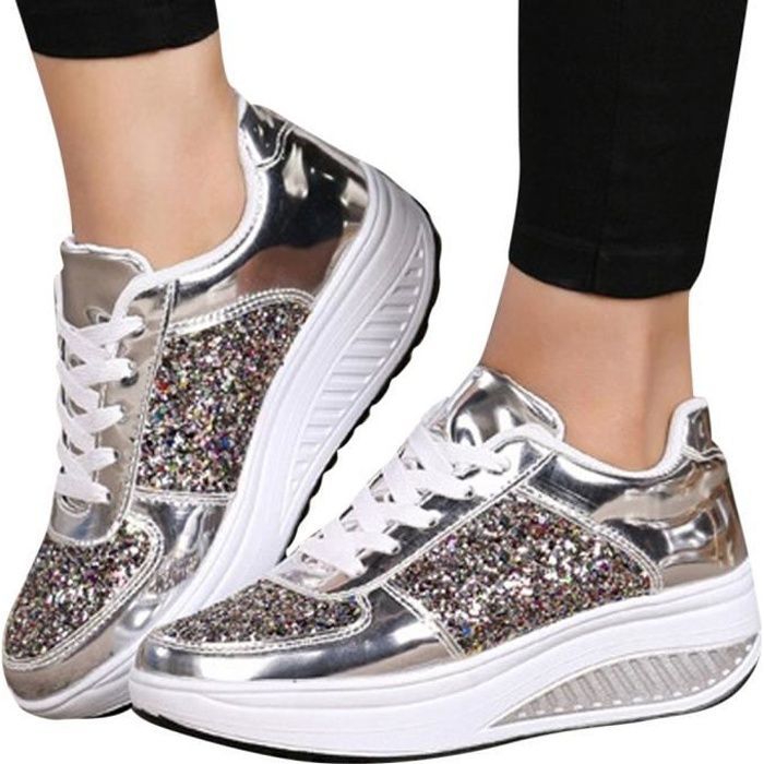 Baskets Compens es Paillettes Shake Argent LUKCOLOR Femmes