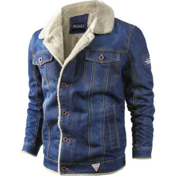 Veste en Jean Homme Doublure en Velours Blouson Manches Longues Hiver Chaud Trucker Grande Taille