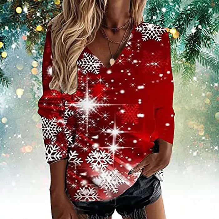 Haut de chemisier de Noel a manches longues et a col en V a imprime flocon de neige decontracte pour femmes rouge Rouge Cdiscount Pret a Porter