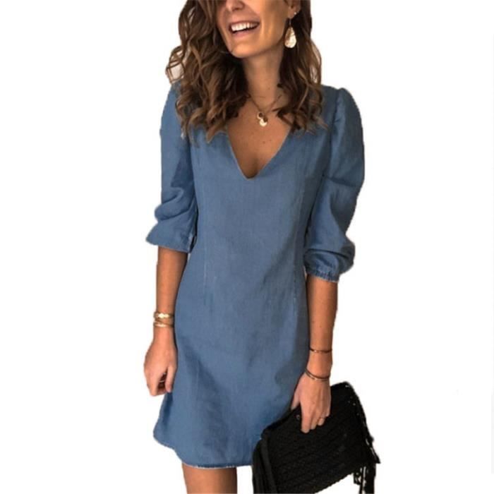 Robe Femme Jean Taille Plus Ample Manches Courtes Col en V