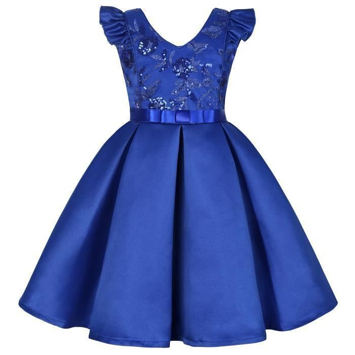 Robe Princesse Ceremonie Fille Paillettes Sans Manches Robe de Mariage Avec Ceinture Noeud Papillon Bleu Bleu Cdiscount Pret a Porter