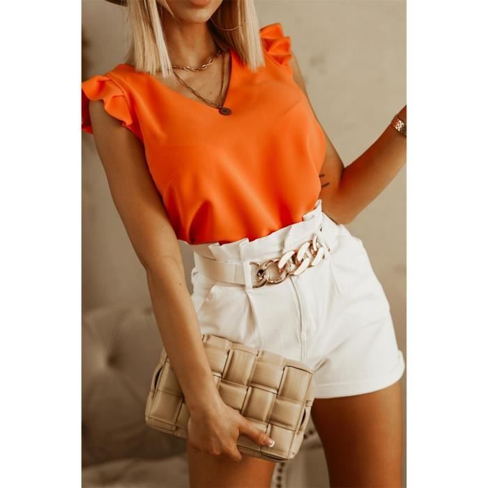 Chemise Chemisier decontracte orange pour femme col en V a volants epissage plisse haut court d ete chemises blanches Blanc Cdiscount Pret a Porter