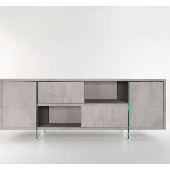 buffet/meuble tv design mady 180cm gris béton  portes coulissantes et piètement en verre gris bois inside75