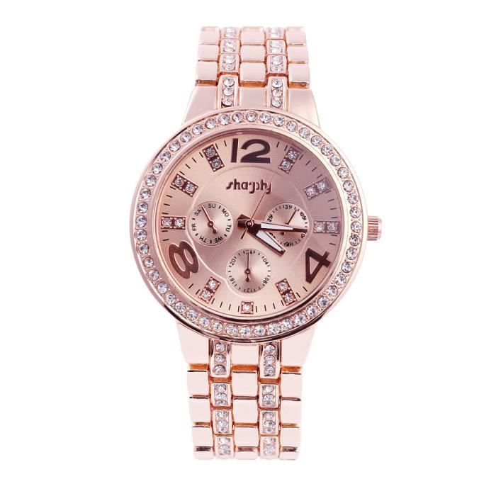 SHARPHY Montre Femme de Luxe Marque GENEVA Rose D'or faux diamant Quartz  Analogique Horloge à la Mode