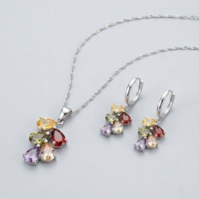 Parure Bijoux - Femme - Goutte - Collier et Boucles dOreilles - Argent 925/1000 – Oxydes Multicolores