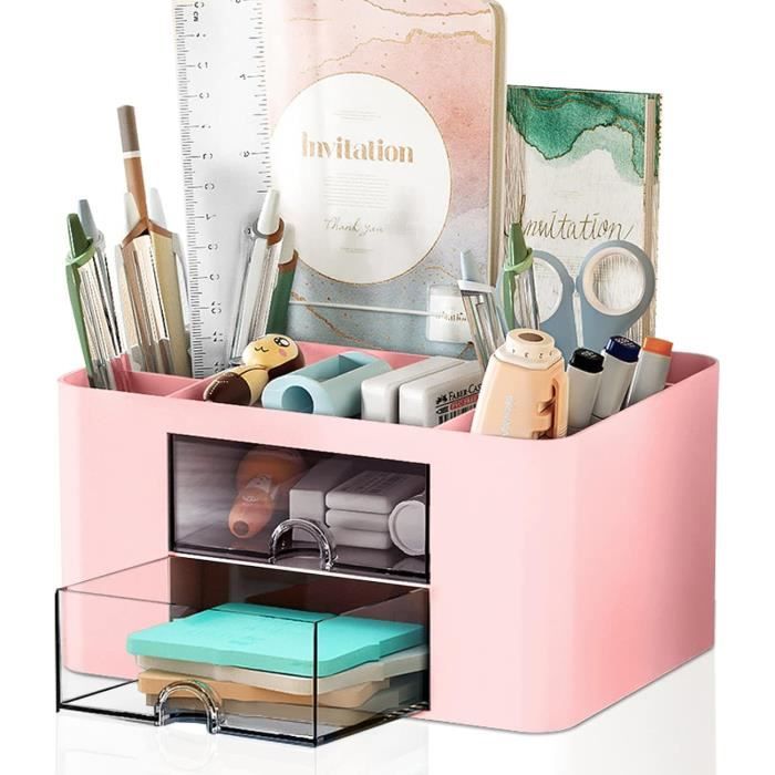 ABS Transparent Organisateur De Bureau Avec 5 Compartiments Et 2 Tiroirs - Range Stylos, Cosmetics, Bureau Maison Range Tiroirs Multifonction Stylos