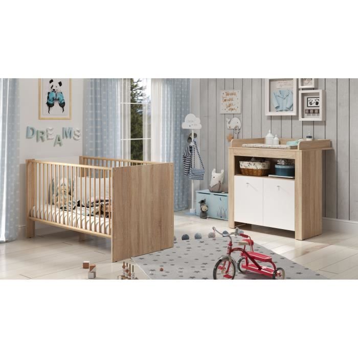 Chambre bébé duo PIA - Lit 70x140 cm + Commode à langer 2 portes - Décor chêne sonoma et blanc mat -