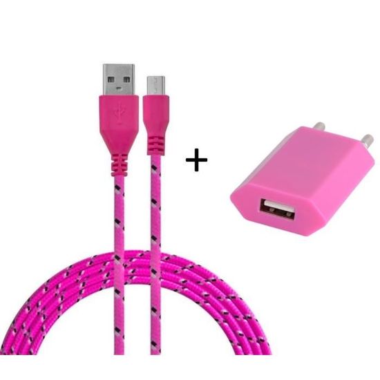 Pack chargeur pour iphone se 2020 lightning (cable tresse 3m chargeur +  prise secteur usb) murale android universel (rose bonbon)
