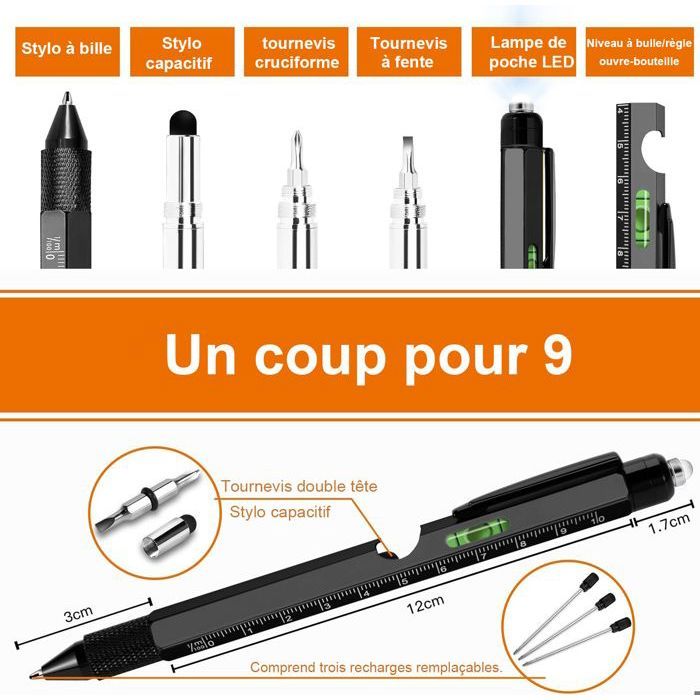 Stylo Multifonction 9-en-1 – Cadeau Homme Idée Originale Fête Des Pères, Anniversaire, Noël