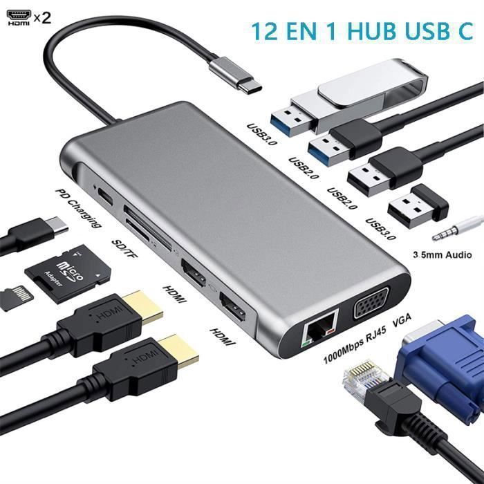 HUB USB C, Adaptateur 12 en 1 avec Dual 4K-HDMI, VGA, USB 3.0, USB 2.0,  Port PD, Ethernet RJ45, Lecture Carte SD/TF, AUX 3,5mm Audio - Cdiscount  Informatique