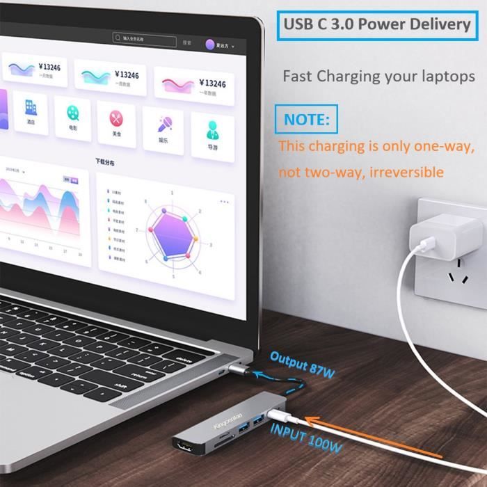 Kingcenton Hub USB-C 6 en 1 Adaptateur USB C TypeC Hub pour MacBook Laptop  (1*HDMI,1*USB-C PD,1*SD et Micro SD/TF,2* USB 3.0 Ports) - Cdiscount  Informatique