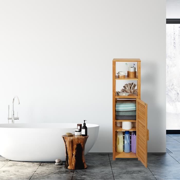 Relaxdays Meuble salle de bain bambou, 3 étagères & compartiment, HxLxP:  87,5 x 67 x 33 cm, rangement avec porte, nature