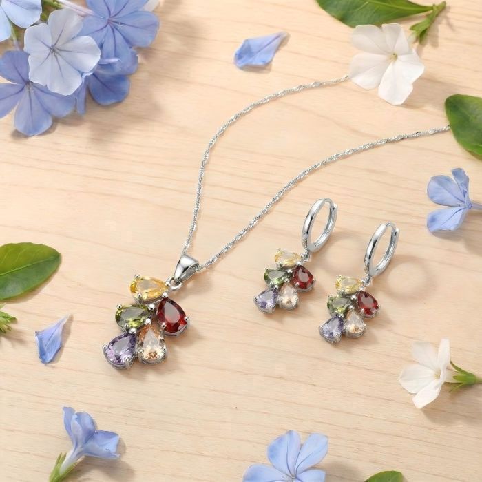 Parure Ancienne 1900 En Argent 925 Avec Pierres D’Auvergne – Collier Et Boucles D’Oreilles Occasion