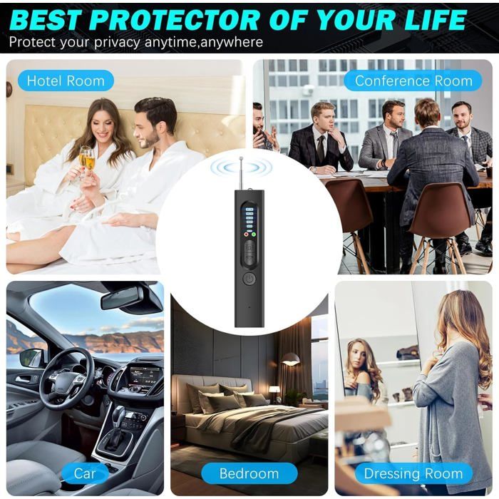 Détecteur De Caméras Et Micros Espions – RF Et Infrarouge, 5 Sensibilités, Batterie 800 MAh – Portable Pour Voyage