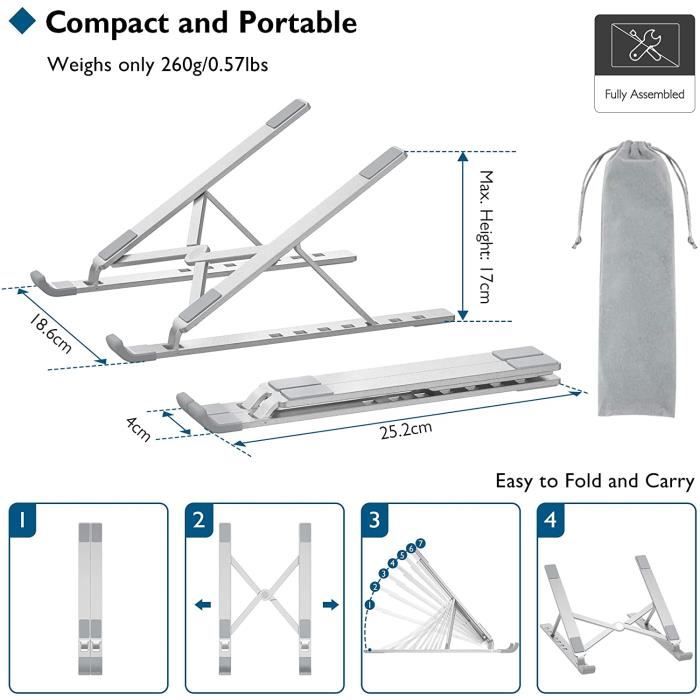 Support Ordinateur Portable BONTEC - Réglable En Hauteur - Compatible 10-17 Pouces - Argent - Ergonomique