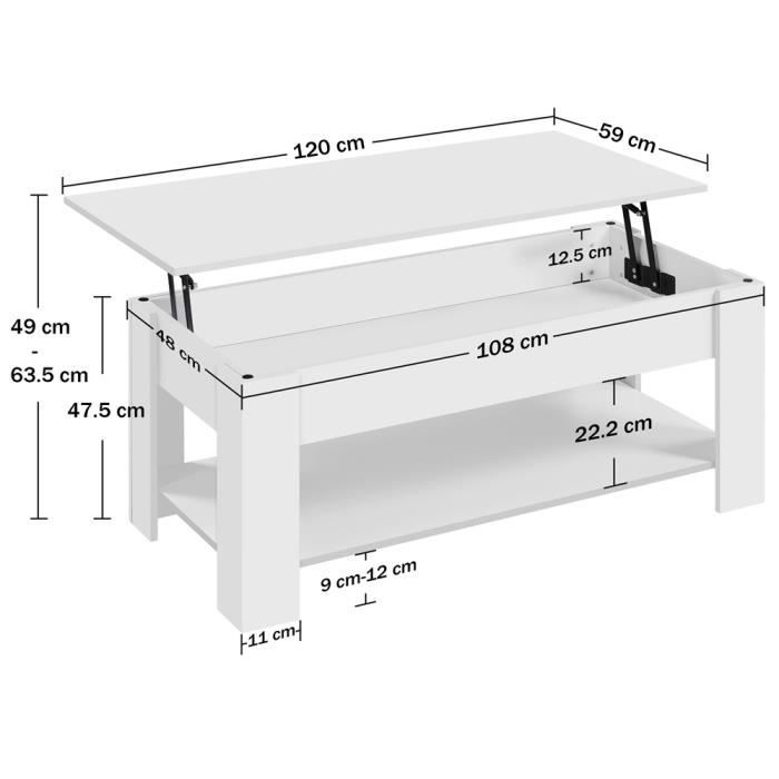 Table Basse Relevable Yaheetech 120x59x49,5 Cm Grise - Moderne Et Pratique