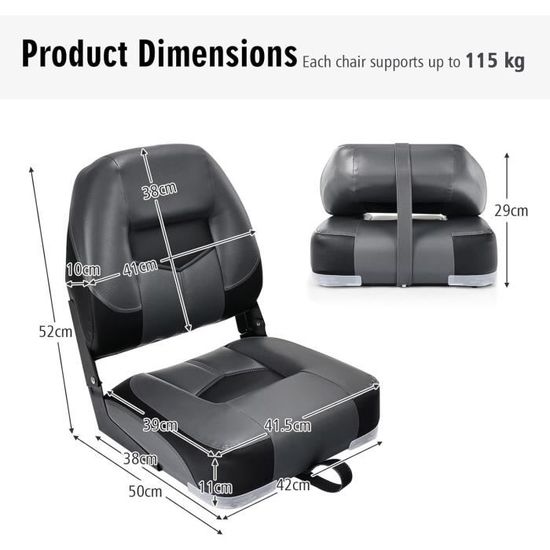 GOPLUS 2 Sièges Bateau Pliants – Dossier Haut Rembourré, Cuir PVC Imperméable, Boulons Inclus – Assise Capitaine Confortable Pour Pêche Ou Balade
