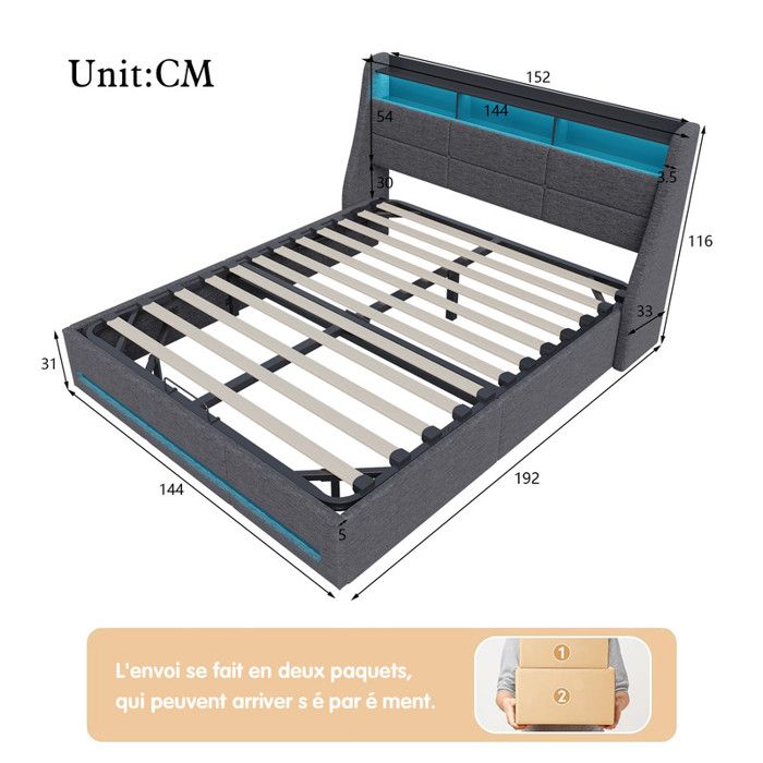 Lit Coffre 140x190 Cm Avec Rangement Hydraulique - Tête De Lit Avec Lumières LED Et Prise USB - Sommier à Lattes - Style Moderne Et Fonctionnel