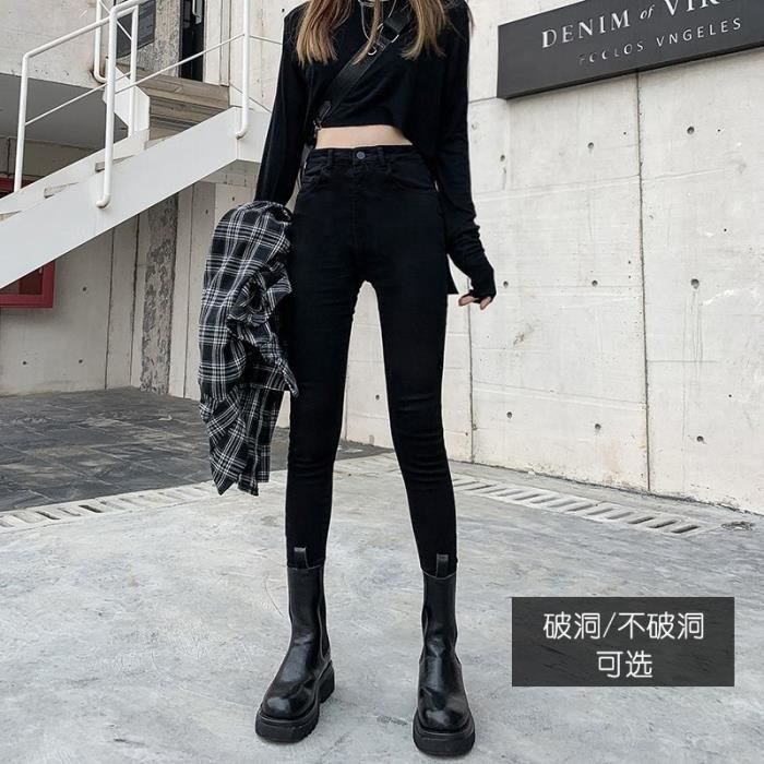 Jeans Jean noir dechire au genou pour femme taille haute pantalon effile pantalon serre automne 9059 Ankle Length E Blanc Cdiscount Pret a Porter