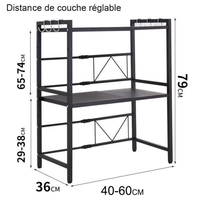 Support Micro-Ondes Extensible 40-60 Cm – Étagère Métal Robuste 25 Kg + 6 Crochets, Rangement Cuisine