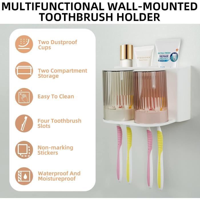 Porte Brosse à Dents Mural Acier Inoxydable - Avec Gobelet, 4 Emplacements, Fixation Adhésive Ou Vis